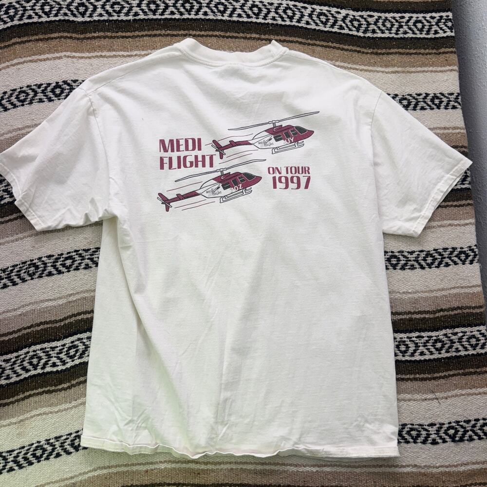 Vintage 1997 Medi Flight on Tour Oklahoma Rescue Helicopter White Shirt Sz XL